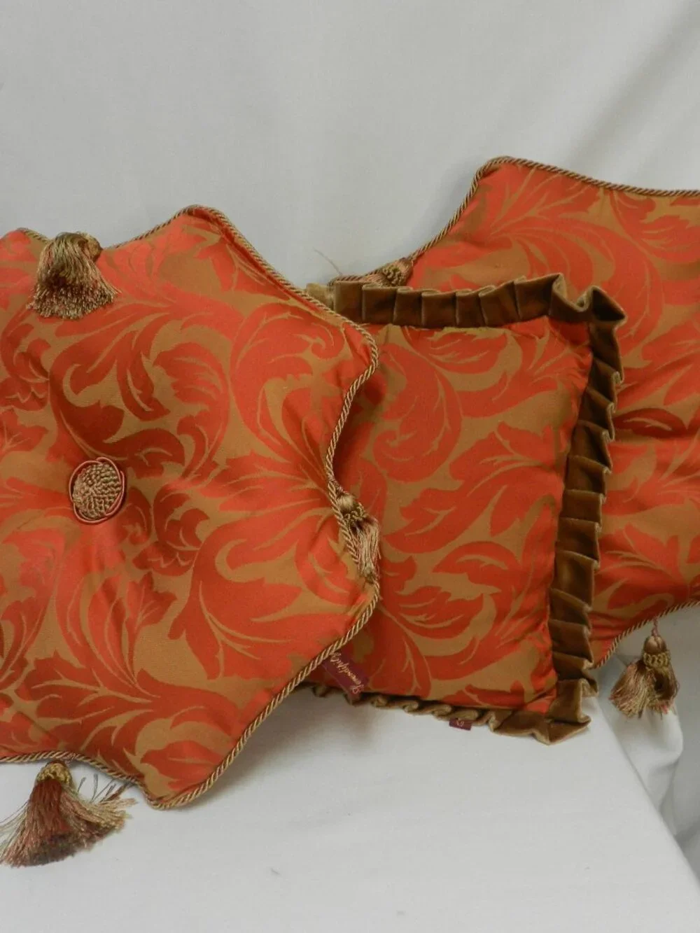 Serendipity Demask Throw Pillow Set 3 w/ tassels orange brown velvet back Decor